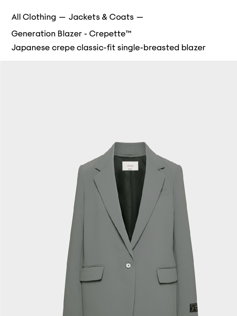 Aritzia Generation Gray Single-Breasted Crepe Blazer